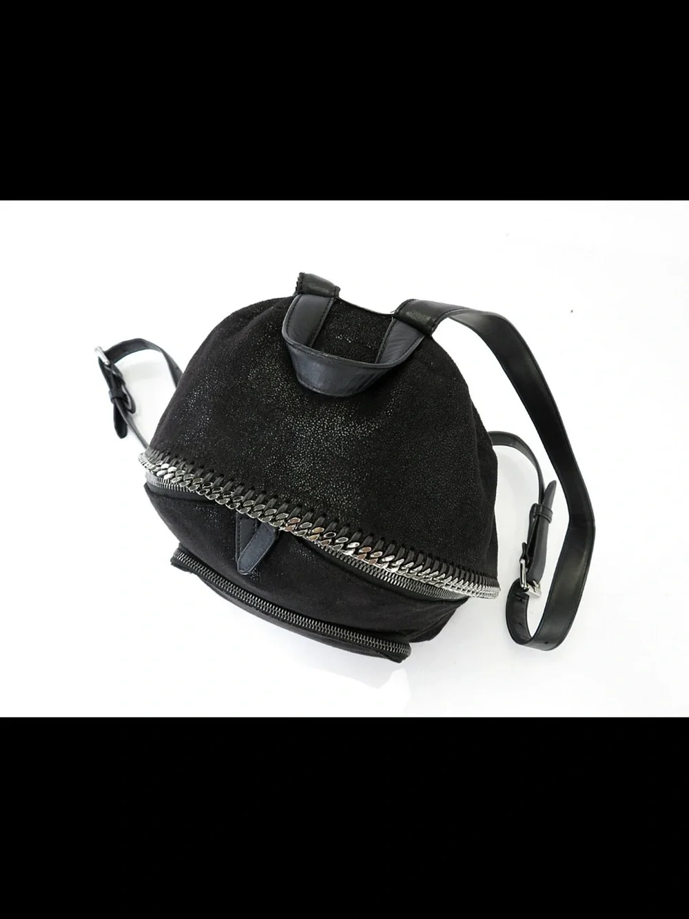 Stella McCartney Black Suede Backpack with Silver Chain Trim